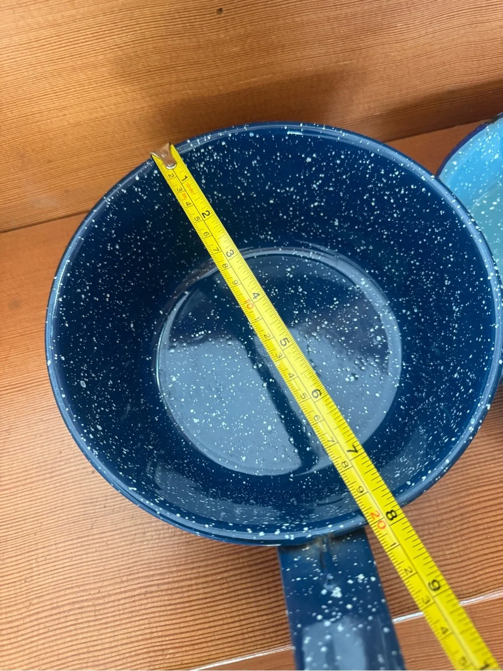 2 Blue Speckled Enamel Saucepans for camping, decor or up-cycle